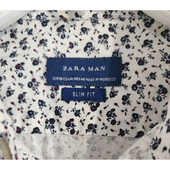Zara Men's White and Navy Slim Fit Short Sleeve Shirt 100% Cotton Sz M - Picture 3 of 4